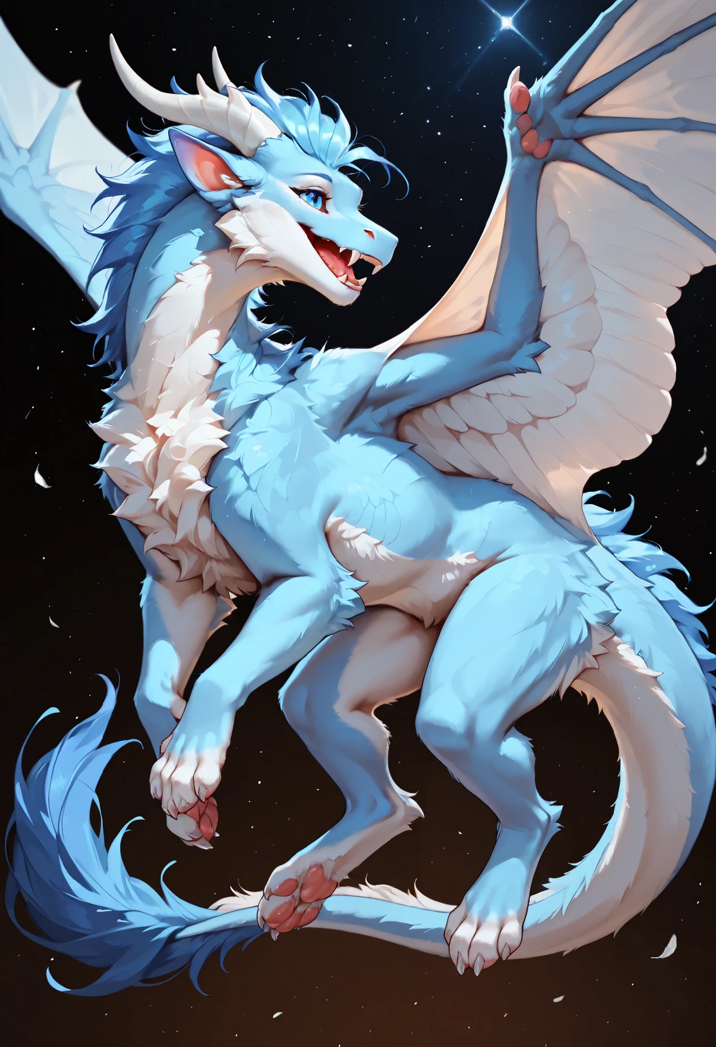 Darra, ((feral)),furred dragon, female, white and blue fur, wings, horns, tail, chest fluff, paws, fangs, ton back, faded blue eyes, (((naked))), slender body,