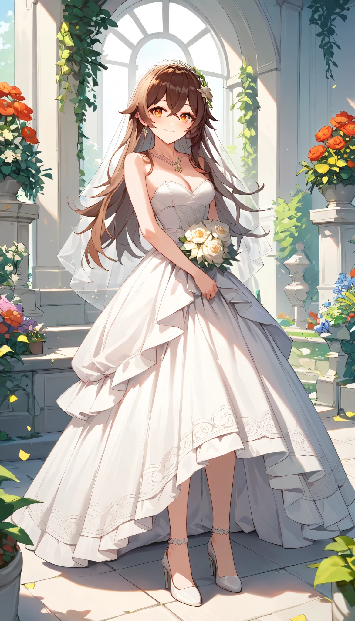 score_9, score_8_up, score_7_up,source_anime, high res image,masterpiece,best quality,girl,cute face,clear skin,amber_genshin, wedding dress, blush, light smile, garden, jewelry, necklace, standing, heels, skirt parted in front