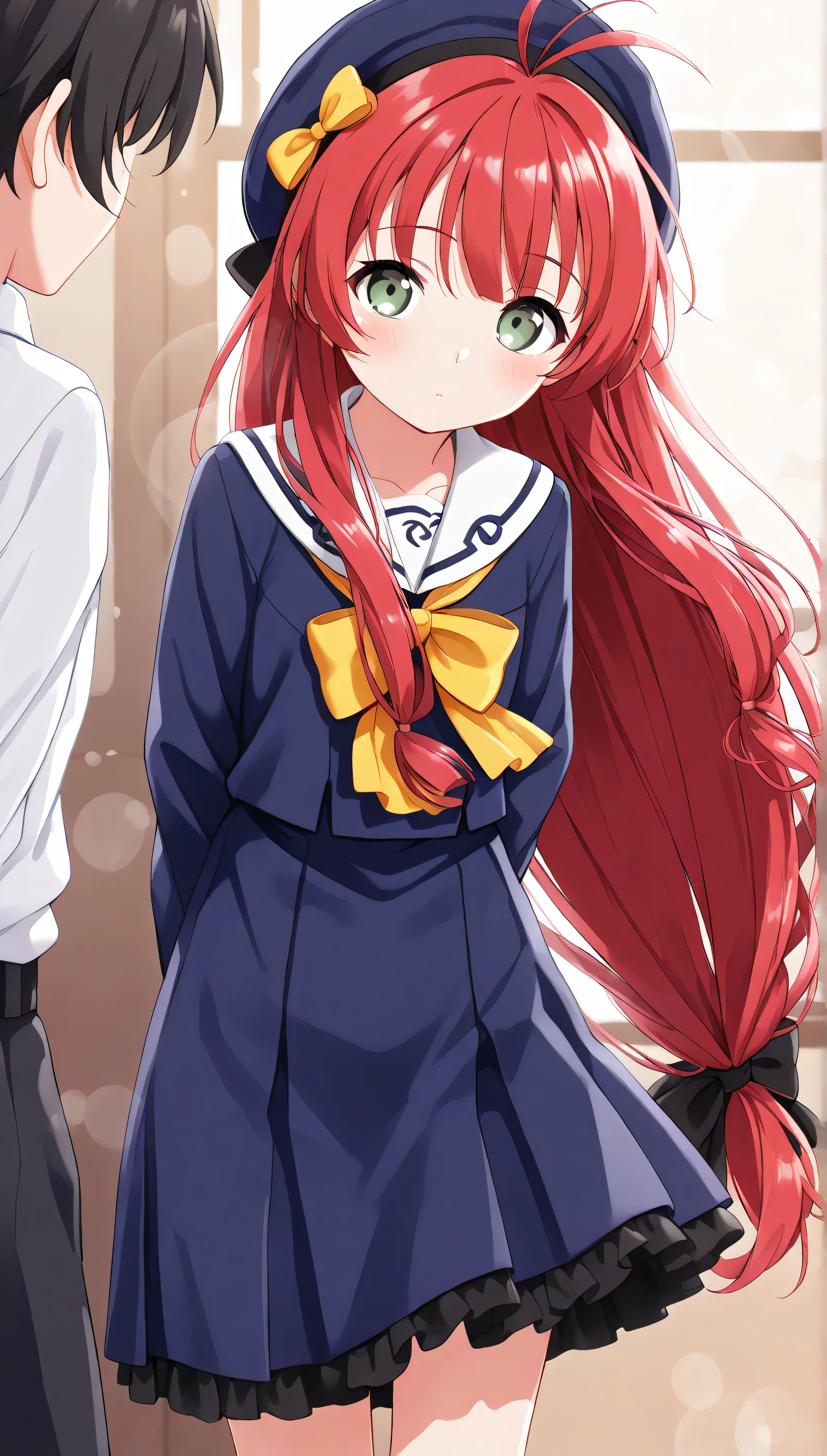 anime style, throw, bokeh processing:1.3、mainami _yuuki, grey eyes, red hair, long hair, very long hair, low-tied long hair, single tied hair, antenna hair, hat, school uniform, beige sailor collar, blue dress, yellow bow, long sleeves, black frills, ( slim、1 person, cute young woman), high definition , masterpiece, pictures of girls ,beautiful face