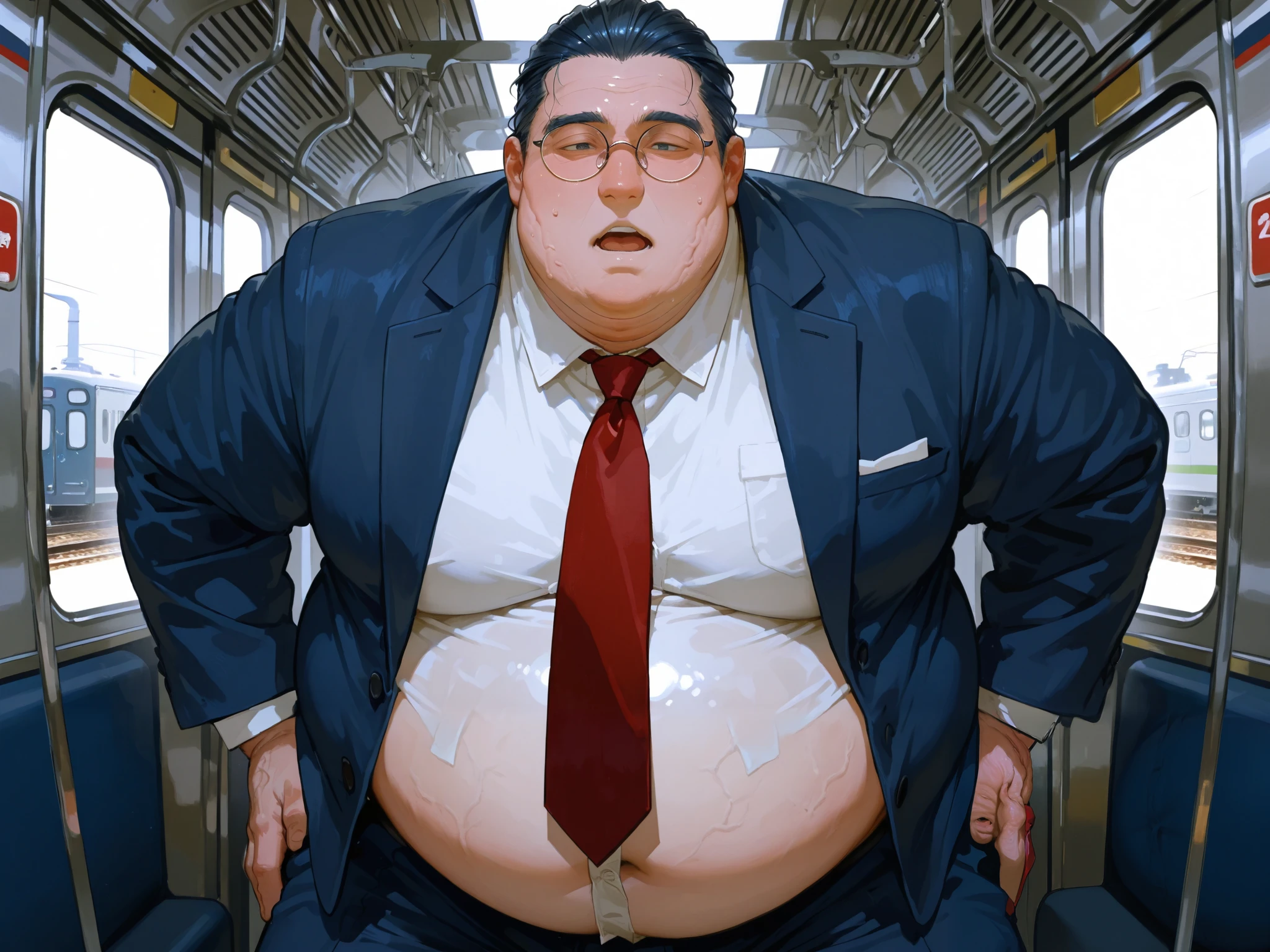 obese fat man,male focus,black slicked back hair ,round glasses,Japanese ,nose,(obese:1.5) ,navy blue suit,red tie,front view,dress shirt,cleft chin,wrinkles skin,cowboy shot,(sweat:0.7),(covered big stomach:1.2),look at viewer,(front view:1.4),train,open mouth,leaning forward,Close-set eyes, detail face