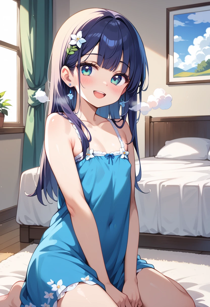((Best Quality)), ((masterpiece)), (be familiar with), perfect face, indoors, bedroom, watching viewers,
One woman, Gamemun Neko ,
open mouth, steam clouds drift, blush, smile,
small tits, flat chest, Young girl, lori, , girl,
long hair, long hair,
open,