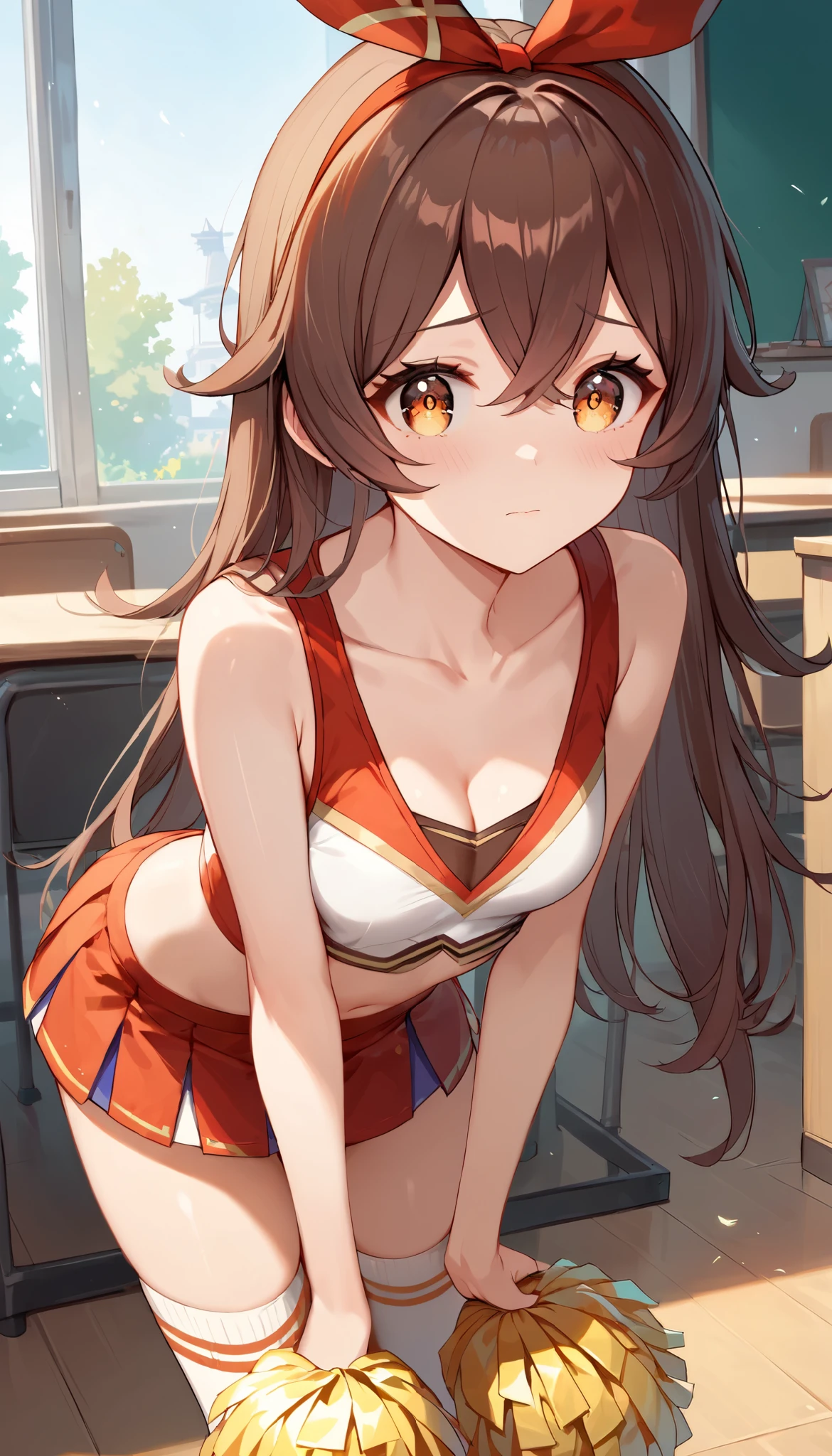 score_9, score_8_up, score_7_up,source_anime, high res image,masterpiece,best quality,girl,cute face,clear skin,amber_genshin, cheerleader, collarbone, worried, school, indoors, thigh socks, leaning forward