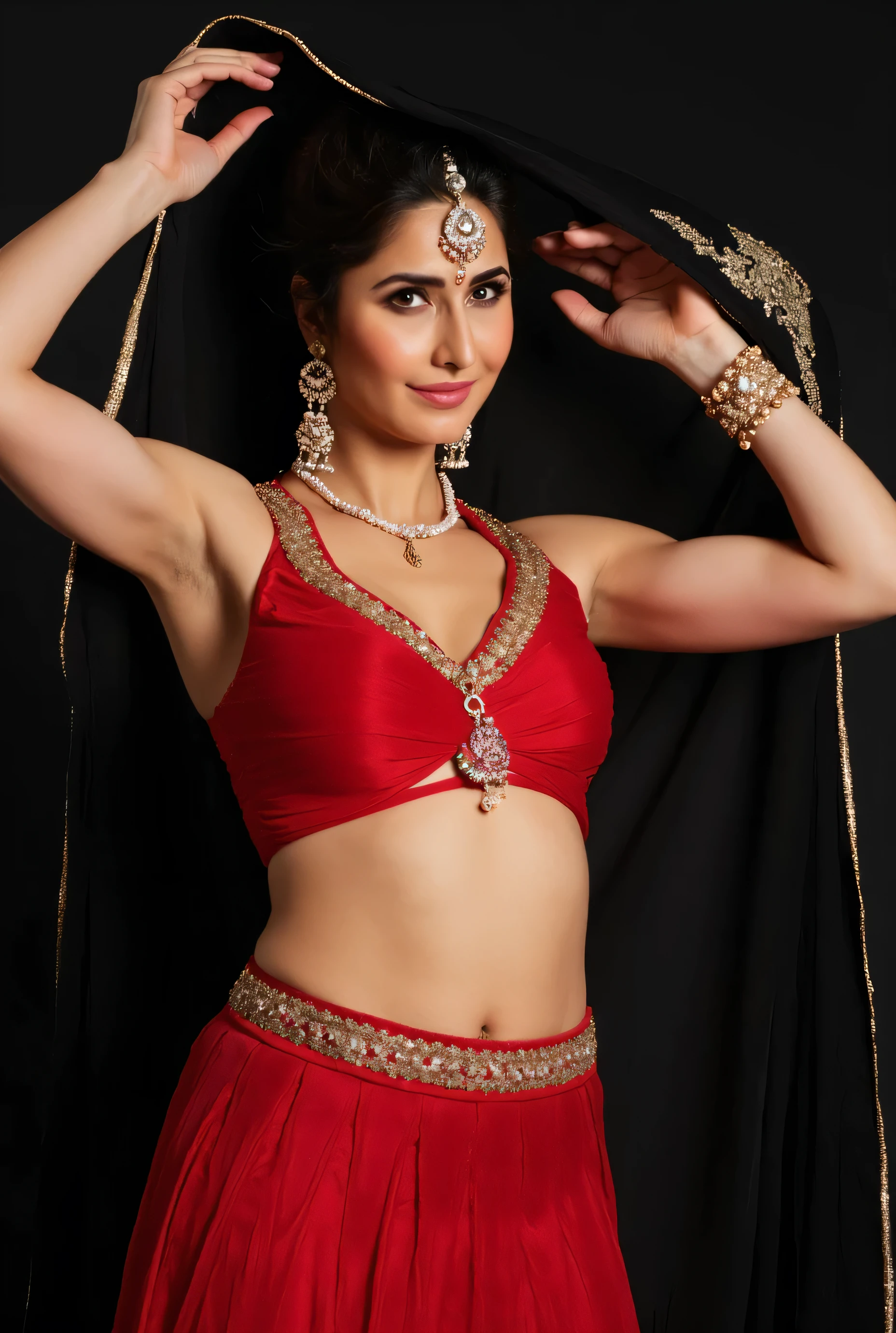 (masterpiece, best quality:1.2), She is draped in a low waist red lehenga with delicate gold embroidery, giving her an ethereal, moonlit glow. Her black sheer veil barely grazes her bare stomach, fully exposing her deep navel and slim waistline. A pearl-studded matha patti with a crescent moon pendant adorns her forehead, and long pearl strands drape over her head. A thin pearl waist chain (kamarbandh) rests against her smooth stomach, accentuating her curves as she leans forward, adjusting her veil, looking at the camera