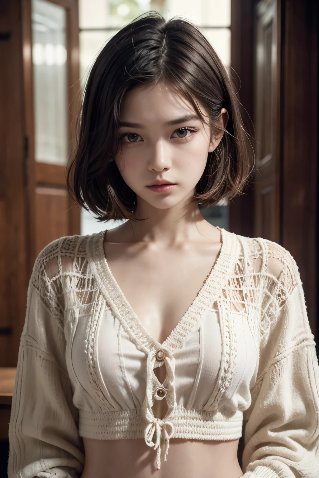 a stunning photograph of beautiful woman,Color film photograph,FilmG,8k,raw photo,(film grain:1),(floating dust particle:1.2),award winning photo,24mm,on focus,spotlight,rim light,in the dark,dimly lit,low key,deep shadow,looking at viewer,(highly detailed skin:1.8),black eyes,petite athletic body,half shave haircut,white dress,pink cardigan,