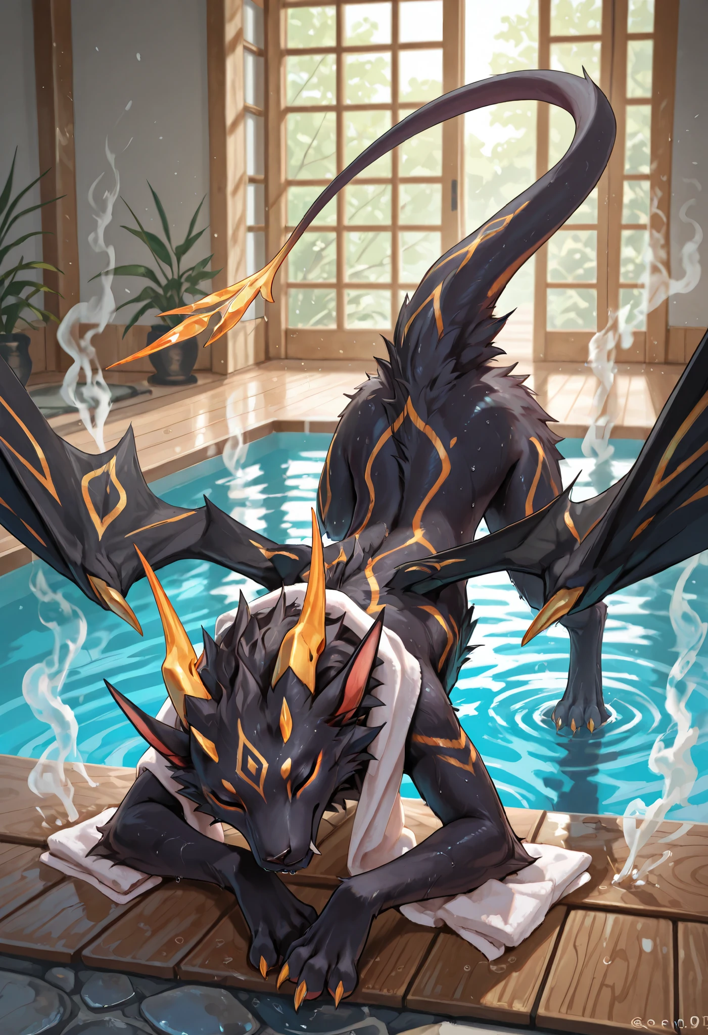 score_9, score_8_up, score_7_up, score_6_up, absurdres,masterpiece, expressiveh, Eothos, solo, ((feral)),furred dragon, female, wings, horns, tail, chest fluff, paws, fangs, ton back, (((naked))), slender body, hot spring, in the pool, closed eyes, relaxed, wet fur, sweat, towel around the neck, laying inside the water up to the neck, light smoke,