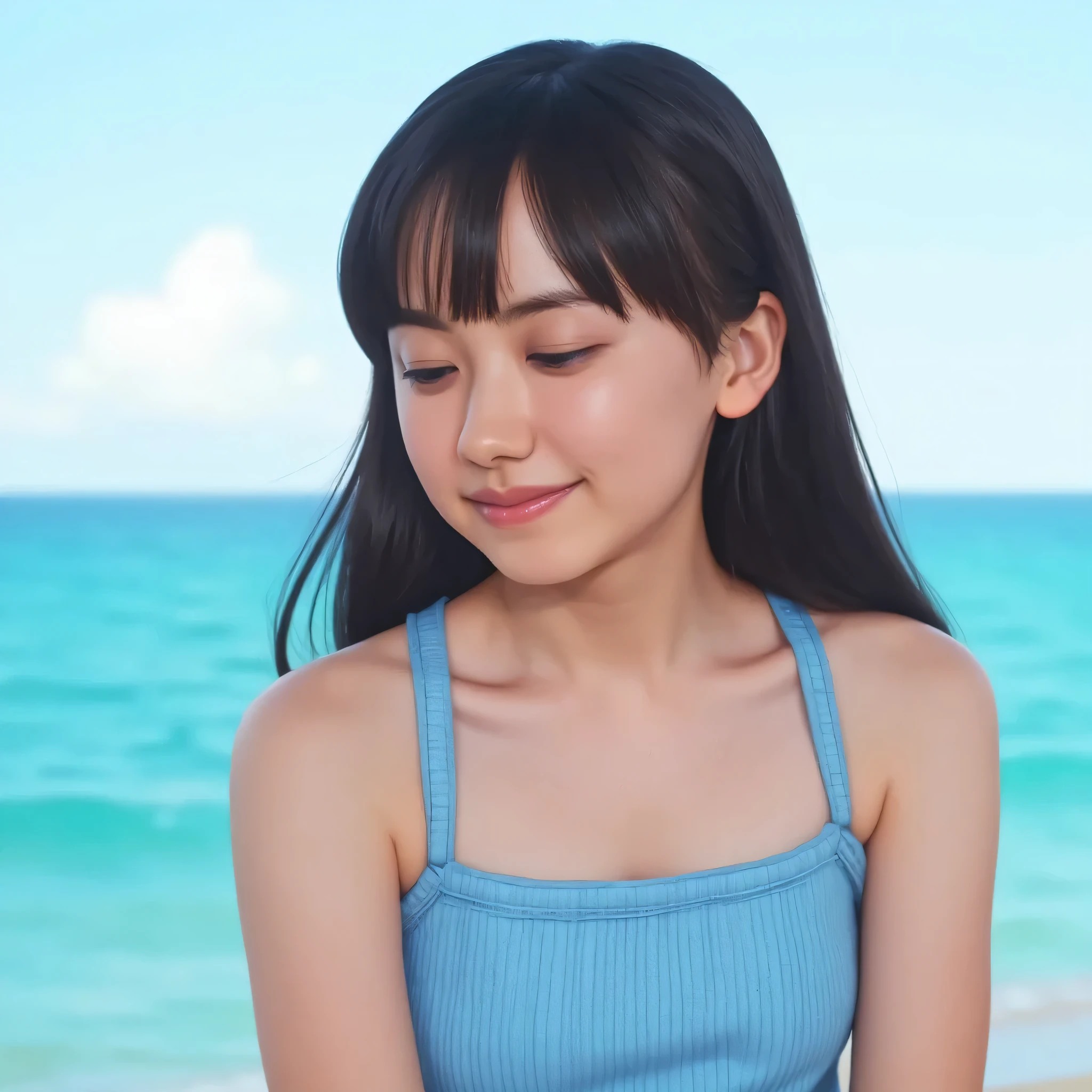 upper body, ((tanned, leaning forward, looking down)), ( girl, small breasts, overlap camisole, bend down), at sea