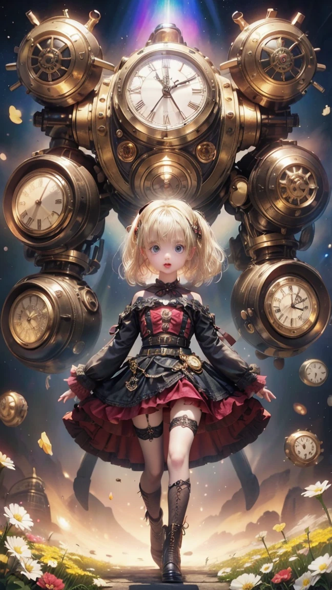 Picture quality:High detail masterpiece 8K high resolution body content:1 girl 8 year old doll girl,wide wide shot,in a panoramic view,Wear a loli suit,Moe doll assures,Suspicious Expression Background:Classical clock environment:Mysterious shimmer,It has a magical touch atmosphere,Hopeful,Endless coercion,A sense of mystery, lamplight:Technical beams,Magic beam,The fantasy of the futuristic world is intertwined with reality color:Infused with ethereal hues and spooky shades,blue green,High purity color, composition:Wide angle composition,Spell composition,The character is in the center,Bird's eye view style reference:afofuturism,Dynamic complexity,sci-fy