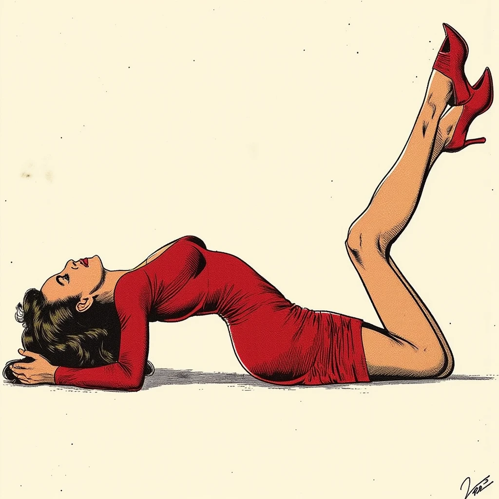 (graphic novel illustration, lineart:1.5),white background, shadow, strappado, bound wrists, a beautiful woman, long hair, , looking at viewer, from front, (bent over), bound wrists, full body, flat color, narrow waist, biting lips, very short black dress, black high heels, red rope, thin, shadow, arms up, wide hips, hourglass figure