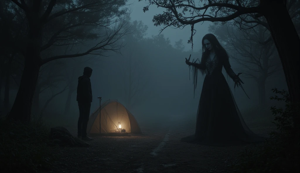 Bride lying on the ground in a pool of blood men around dark forest