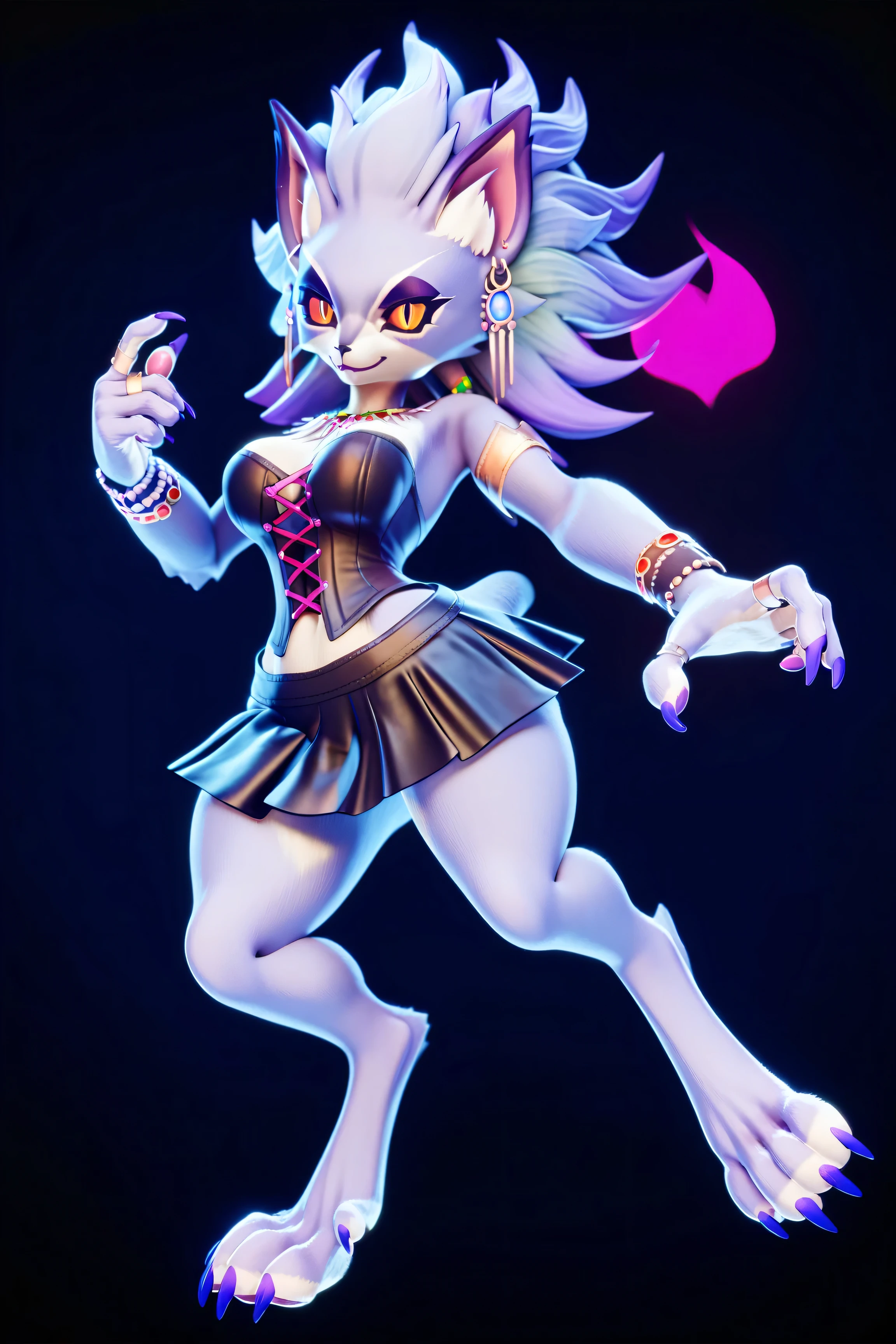 score_9, score_8_up, score_7_up, score_6_up, score_5_up, score_4_up, 1girl bellad, anime style, flat colors, furry female, tall female, animal ears, colored sclera, snout, jewelry, earrings, smile, (solid black background:1.5), full body picture. Digitigrade legs, digitigrade feet, wearing a black corset, wearing a black skirt