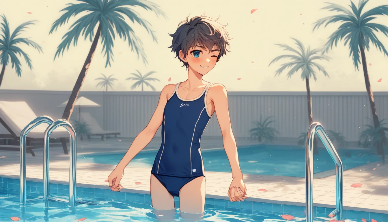 Masterpiece, ((A beautiful 5  boy)), ((High resolution)), detailed, Delicate depiction of hair, (good looking), Nobody is here, Beautiful Nose, Beautiful Eyes, Boys wearing school swimsuits, (Shota), Outdoor swimming pool, Night Time