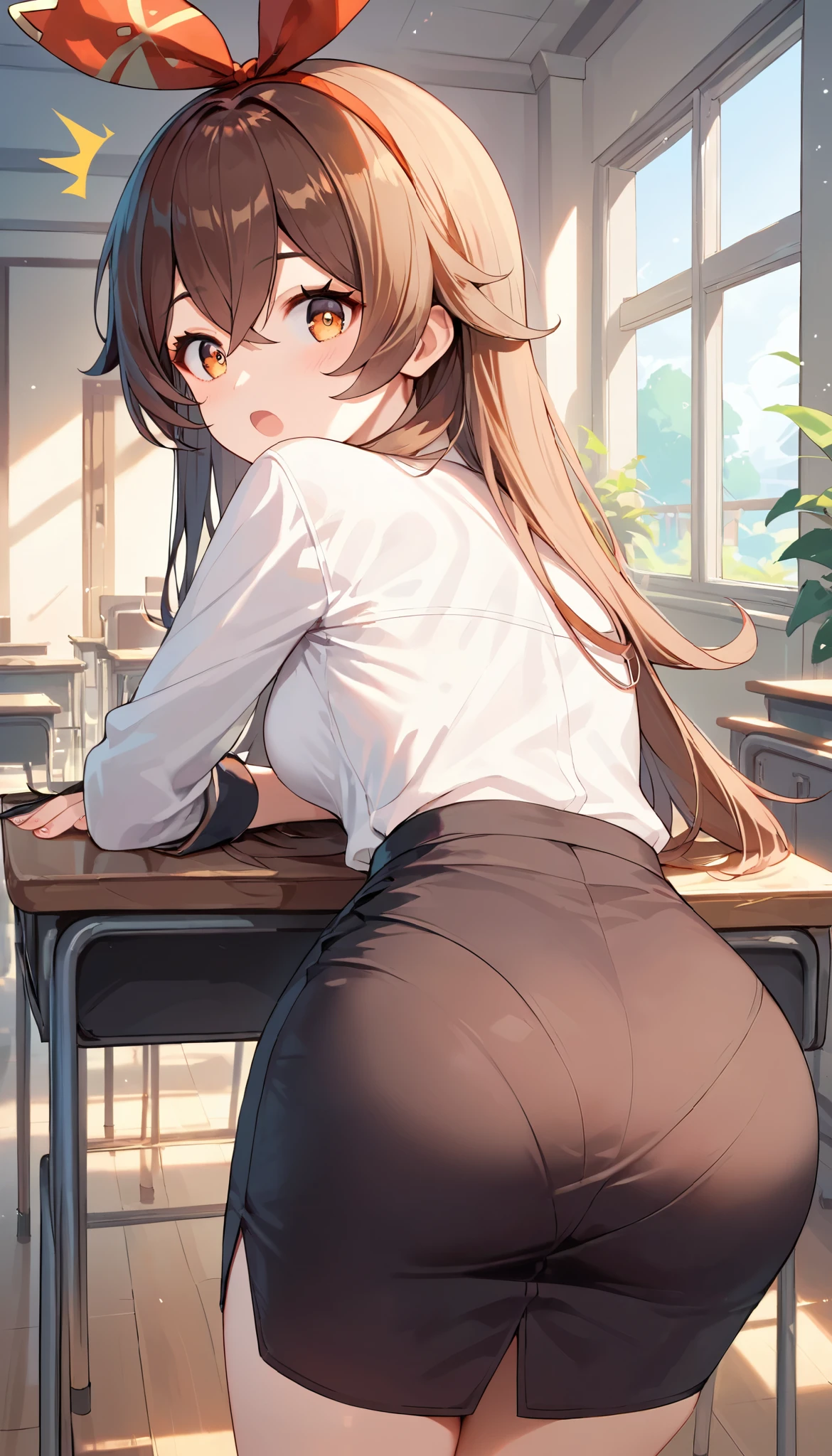score_9, score_8_up, score_7_up,source_anime, high res image,masterpiece,best quality,girl,cute face,clear skin,amber_genshin, school, indoors, leaning forward, looking back at viewer, shocked, white shirt, black pencil skirt,
