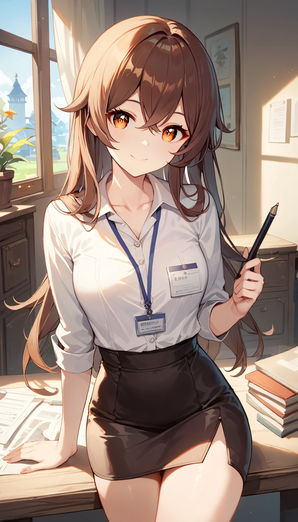 score_9, score_8_up, score_7_up,source_anime, high res image,masterpiece,best quality,girl,cute face,clear skin,amber_genshin, indoors, looking at viewer, demure smile, white button-up shirt, short black pencil skirt, collarbone, lanyard