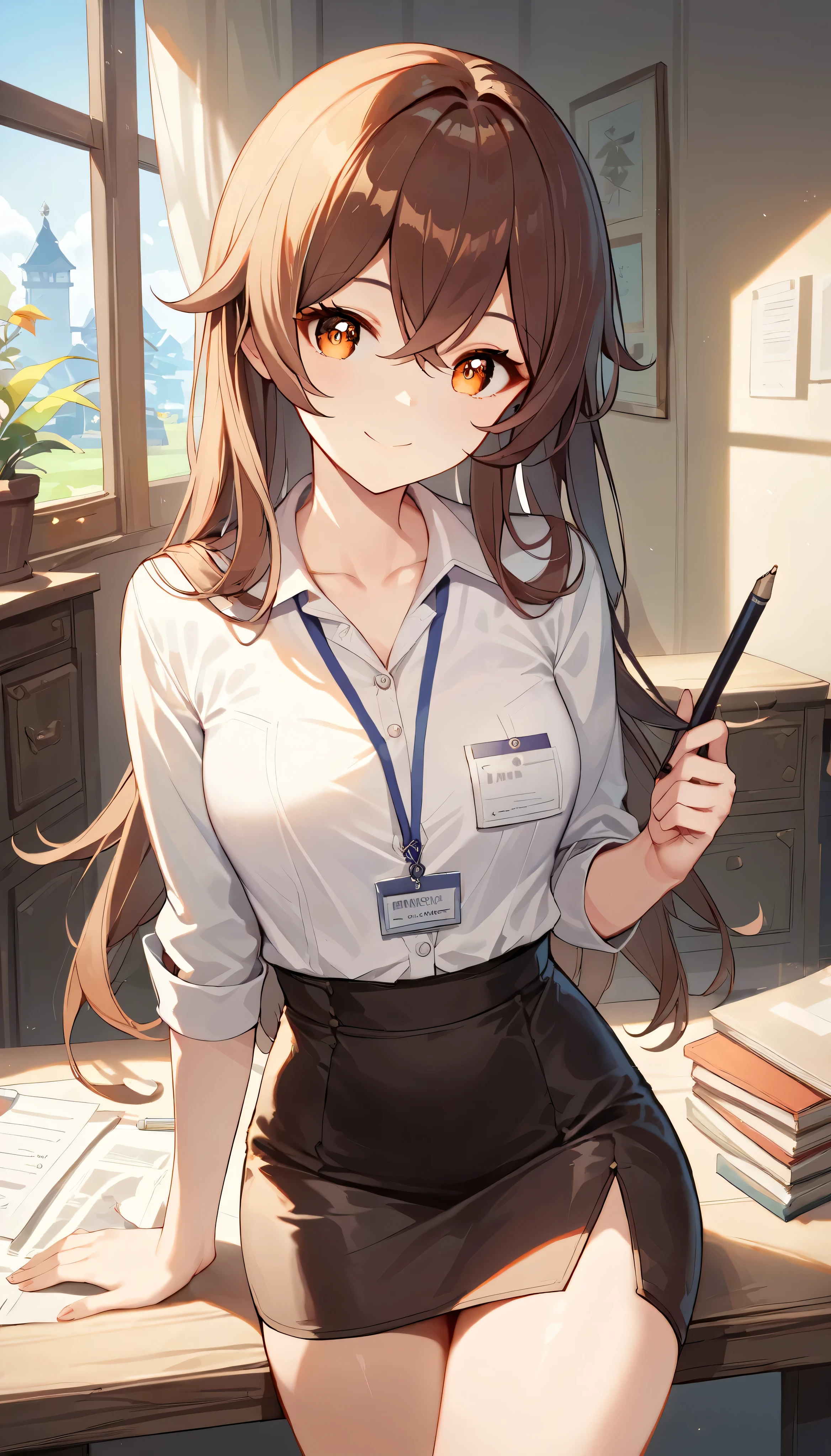 score_9, score_8_up, score_7_up,source_anime, high res image,masterpiece,best quality,girl,cute face,clear skin,amber_genshin, indoors, looking at viewer, demure smile, white button-up shirt, short black pencil skirt, collarbone, lanyard