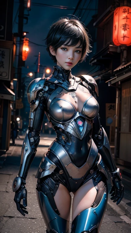((Highest quality, 8k, masterpiece:1.3)), (Sharp focus :1.2, Beautiful woman with perfect figure:1.4, Slim Abs:1.2), (looking at camera, full body ), cute large size breasts, cleavage, (Photorealistic:1.4), (realistic:1.4), (sleek pixie cut, short Hair, silver hair:1.5), Highly detailed beautiful face and skin texture, Fine grain, (very cute detailed face ,detailed double eyelid, detailed big eyes), natural makeup, A little bit of lipstick, sex appeal, Sitting on the car with legs crossed:1.1 , (((wearing really blue tactical detailed suit with bikini type, future mechanical tactical suit))), (facial expression is big smile), ((she is at the street at night))