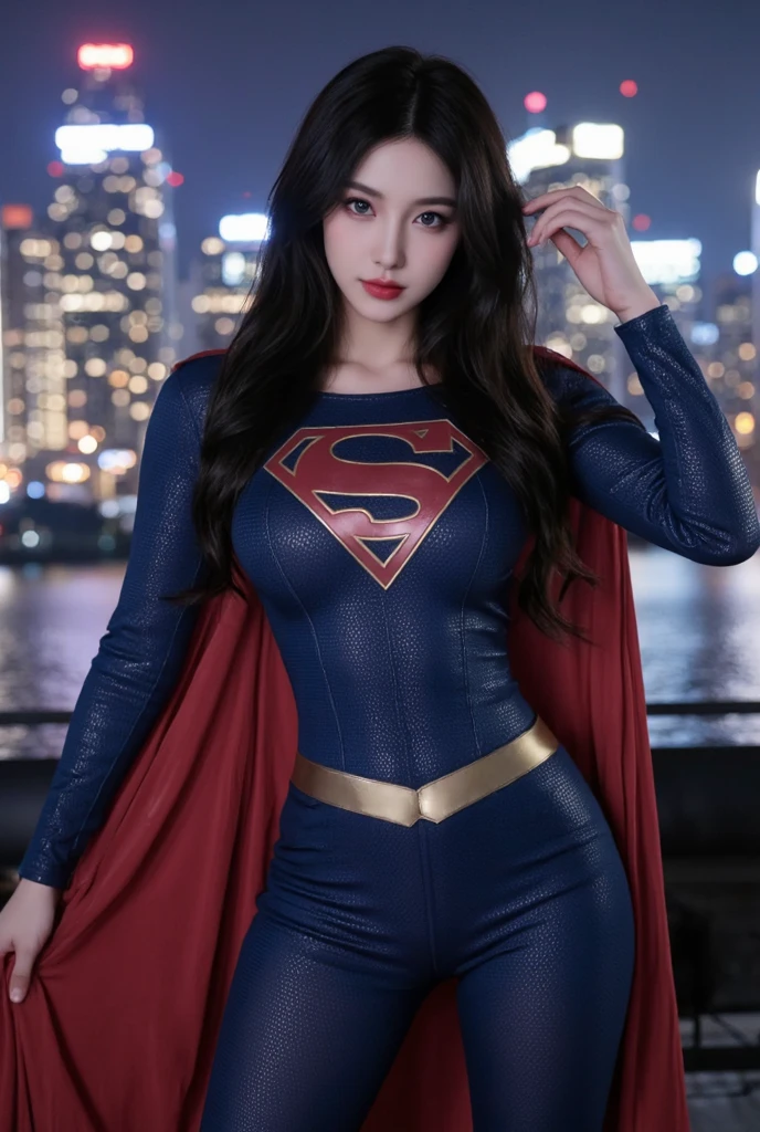 a close up of a asia woman in a superman costume standing on a cityscape, amouranth as a super villain, super photo realistic, realistic cosplay, super photo-realistic, ultra mega super hyper realistic, super-hero girl, super realistic photo, superhero body, highly detailed giantess shot, supergirl, superhero, superhero portrait, super model, super hero, super photorealistic, gigantic breasts, showing Vulvas muscular body, sexy body,