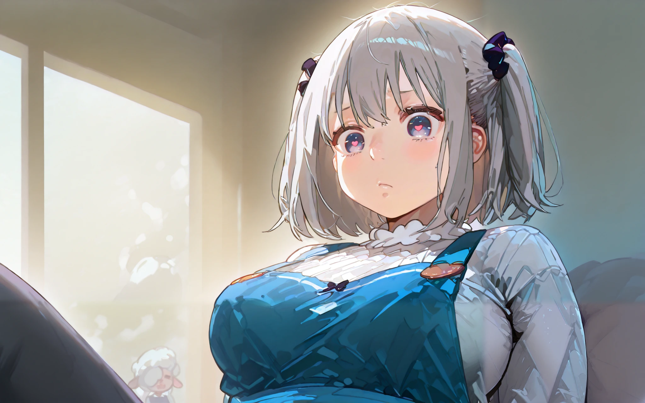 1 girl, oblique bangs,  quick, Gray Hair, stupid hair, two side twin tail, 複数のstupid hair, Disheveled Hair, heart-shaped stupid hair, Sheep ears are growing, eyes are hearts, character design drawing, Roll horn 、It was plump、 lower body is thick、Hi-Res, 最high quality, masterpiece, high definition model, high detail that opens the knees and legs, high quality,  , very detailed,  brown skin、accurate, 
