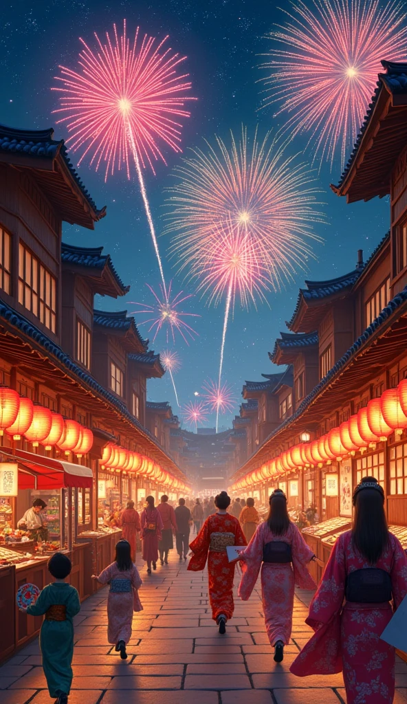 A bustling street in feudal Japan, illuminated by red and gold lanterns, where villagers and samurais stroll among food stalls and games. Women wearing vibrant kimonos hold decorated fans as ren run paper balloons. in the night sky, colorful fireworks explode in fascinating patterns, reflecting on the roofs of wooden houses. The scene is filled with life , capturing the joy and energy of a traditional Japanese festival, with music in the background and the scent of yakitori and candies hanging in the air.