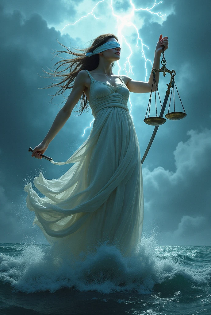 Text "Verushka Sandoval" in silver and sky blue, reflexes, water splash, liquid mercury, high quality, 3D rendering, painting typography, with the figure of a woman referring to justice with scales in her right hand and a sword and brilliant diamonds in her left hand, flashes in colors, red black and gold, 3d presentation, 3D rendering