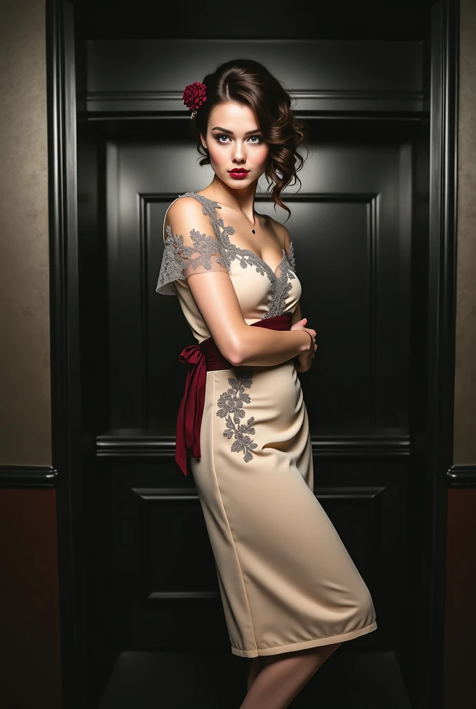 a beautiful Ukrainian girl, looking back, looking at the camera, realistic skin, detailed skin, short hair, chanel style, short fitted dress, lace detailed fabric, high heel shoes