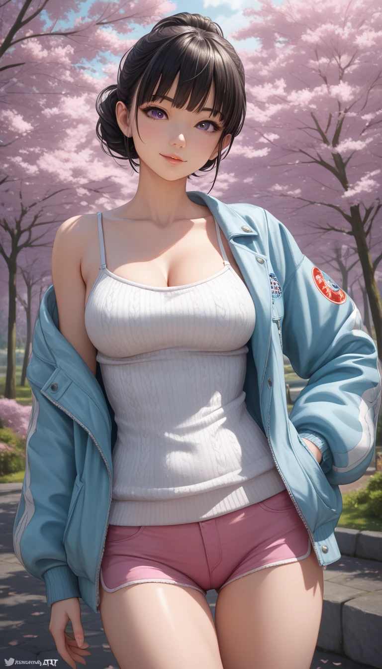 masterpiece, hinata\(boruto\), 1girl, mature female, (((purple jacket and pleated mini skirt))), (garden background), outdoors, (walking in the garden), (shy face), detailed lips, beautiful face, blush, (pink lips), ((short hair)), purple eyes, soft gaze, smile, super realistic, detailed, realistic face and body, realistic hair, realistic eyes, realistic nose, realistic lips, seductive, straight bangs, ((slave collar)), (((dark blue hair))), 28 years old girl, (huge breast:1.5), perfect boobs, (plump boobs), ((stockings)), ((long legs)) --s2