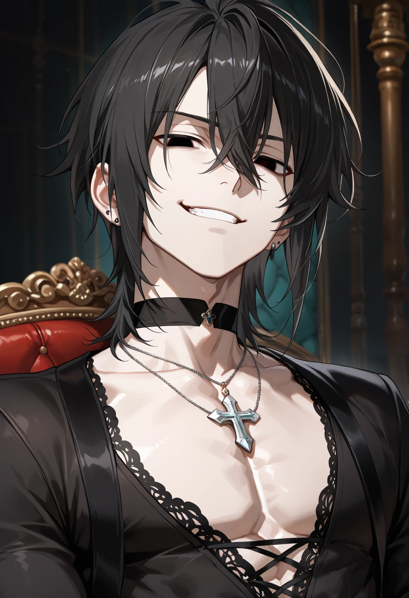 ((male, 1man, solo, alone)), A handsome young man with messy black hair and piercing blackeyes, sitting confidently on a luxurious gothic-style chair. He wears a black, intricately designed lace-up shirt with a deep V-neck, revealing a silver cross necklace resting against his pale skin. His expression is calm yet alluring, with half-lidded eyes and a subtle smirk. The atmosphere is dark and elegant, with a dimly lit background featuring baroque-style furniture. The lighting casts soft shadows, enhancing his mysterious and aristocratic aura. His posture is relaxed, exuding dominance and quiet confidence.