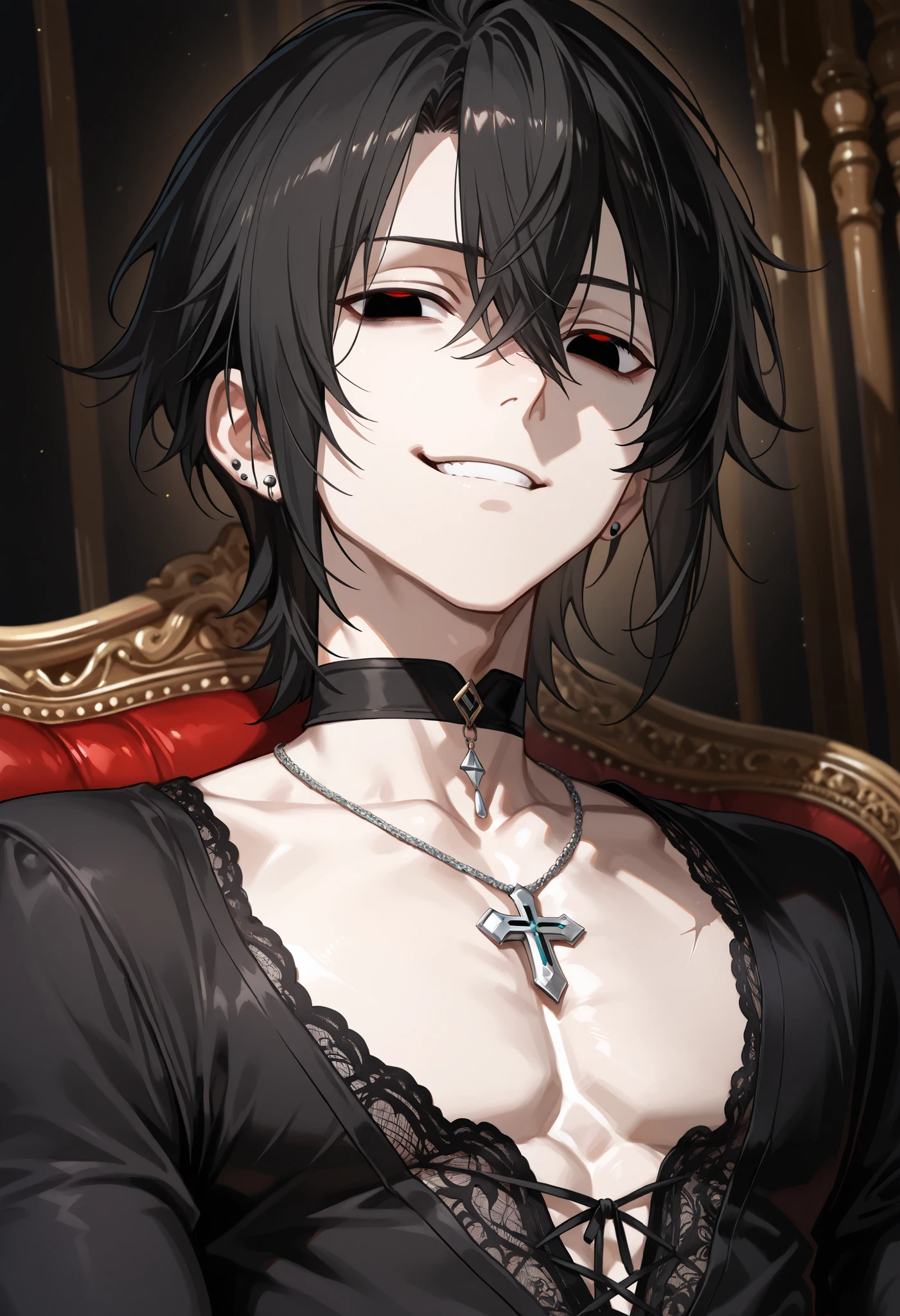 ((male, 1man, solo, alone)), A handsome young man with messy black hair and piercing blackeyes, sitting confidently on a luxurious gothic-style chair. He wears a black, intricately designed lace-up shirt with a deep V-neck, revealing a silver cross necklace resting against his pale skin. His expression is calm yet alluring, with half-lidded eyes and a subtle smirk. The atmosphere is dark and elegant, with a dimly lit background featuring baroque-style furniture. The lighting casts soft shadows, enhancing his mysterious and aristocratic aura. His posture is relaxed, exuding dominance and quiet confidence.