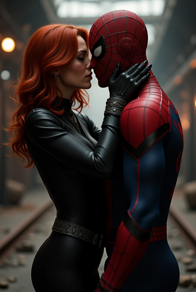 Black Widow in a very sexy outfit kissing Andrew Garfield's Peter Parker