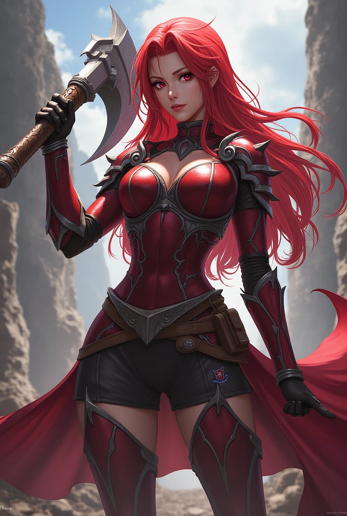 Lina Inverse from Slayers. She is a pretty medieval teen girl sorceress (). smug smile, malicious look. she is short & thin (5 feet tall). red eyes, pale skin, very long messy brown reddish hair. red tight sleevless shirt with white details, red tight pants, black headband with white runes on his forehead. black cape with medieval knight shoulder pads inlaid with rubies. White boots and white gloves. she carries a short gladius sword.