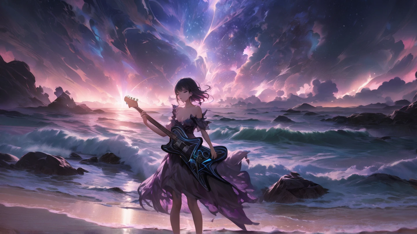 night, , on stage, 1 girl, Holding an electric guitar, Umbilical cord, clavicle, beach, Starry Sky, fantasy, magic, mystery, ethereal, sublime atmosphere, dreamlike, dramatic lighting, high quality, Octane Rendering, epic scene, 