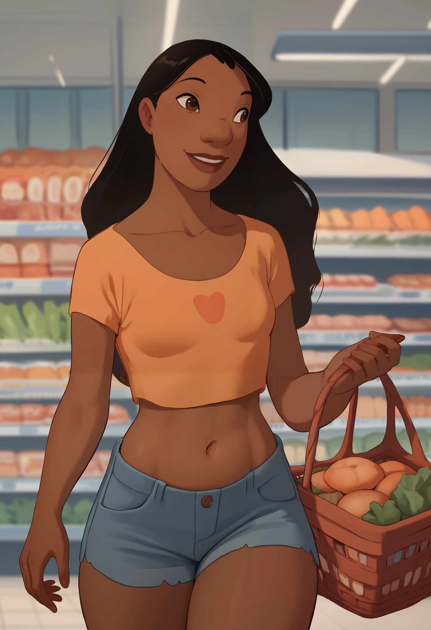 NaniPelekaiLSXL, solo1, mature female, dark skin, brown eyes, black hair, long hair, bangs, small breasts, collarbone, standing, orange tshirt, crop top, short sleves, aroused, back, denim shorts, walking, supermarket, grocery shopping, ((holding basket)), indoor, happy, shopping aisle, (((portrait))), upper body, smile, ((close up))n thick thighs