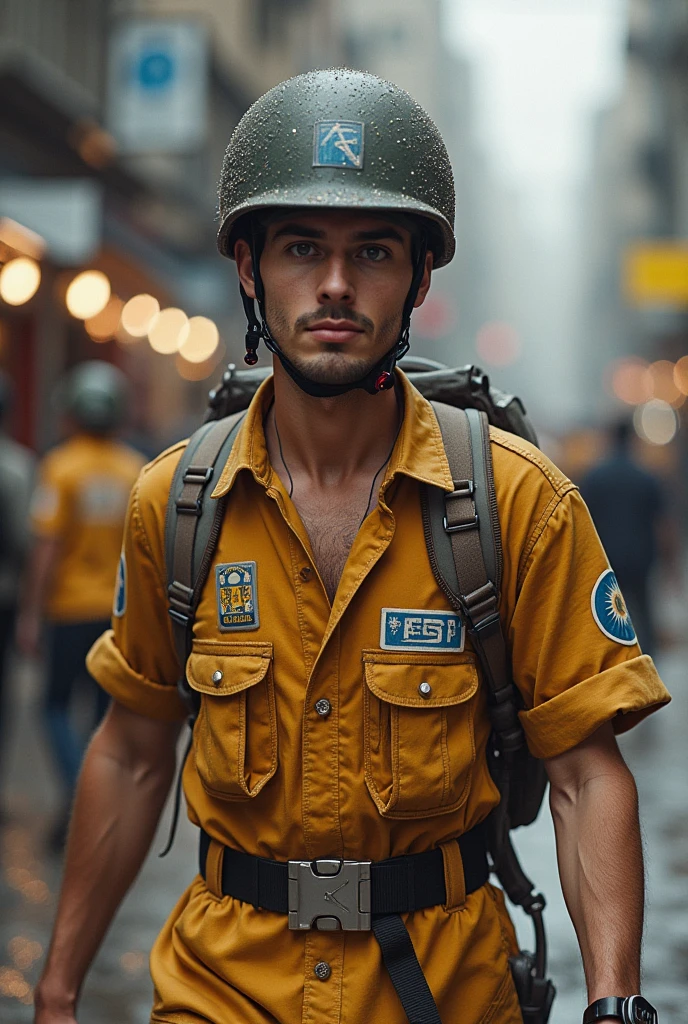 Remove the headphones and put a soldier's helmet in the ultra realistic place --auto