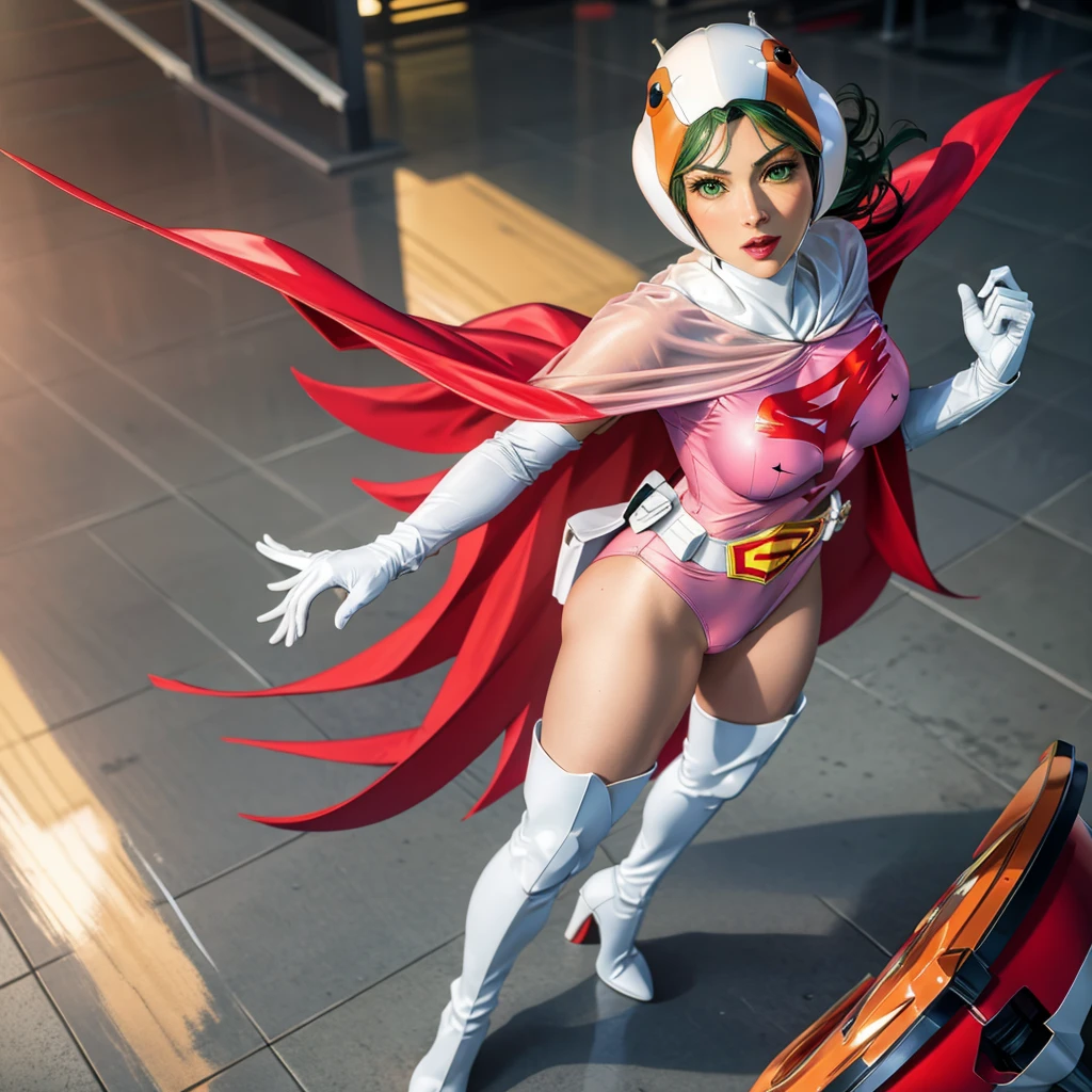 ANI_CLASSIC_jun_gatchaman_ownwaifu,1girl, ,good anatomy, masterpiece, best quality,realistic, hyperrealistic, 16k hdr, long hair,breasts,green eyes,lips,large breasts,lipstick,makeup,gloves,cape,helmet,belt,elbow gloves,white gloves,mask,ultra miniskirt,leotard,spacesuit,white tight overknee highheels boots,pink dress,superhero,bodysuit,cleavage,erected nipples,(sexy pose,view from above),(spread legs:1.1),cameltoe