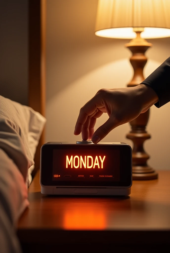 Hand turning off electronic alarm clock on bedside table in the foreground
In the fidplay of the radio alarm clock you can see the word Monday in orange