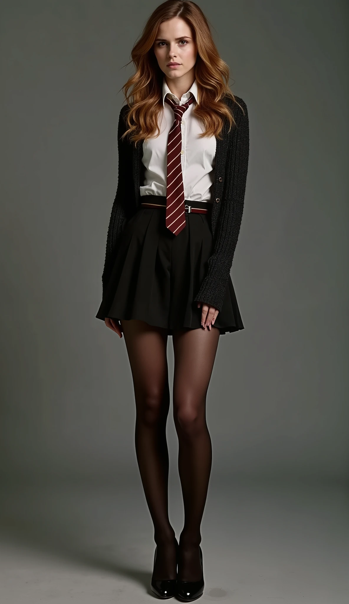 A n ultra realistic image of Emma Watson as Hermione Granger, wearing her Hogwarts school outfit, her shirt is unbuttoned exposing her bra and her tie is loose, mini pleated skirt, pantyhose, very high heels, sexy legs,