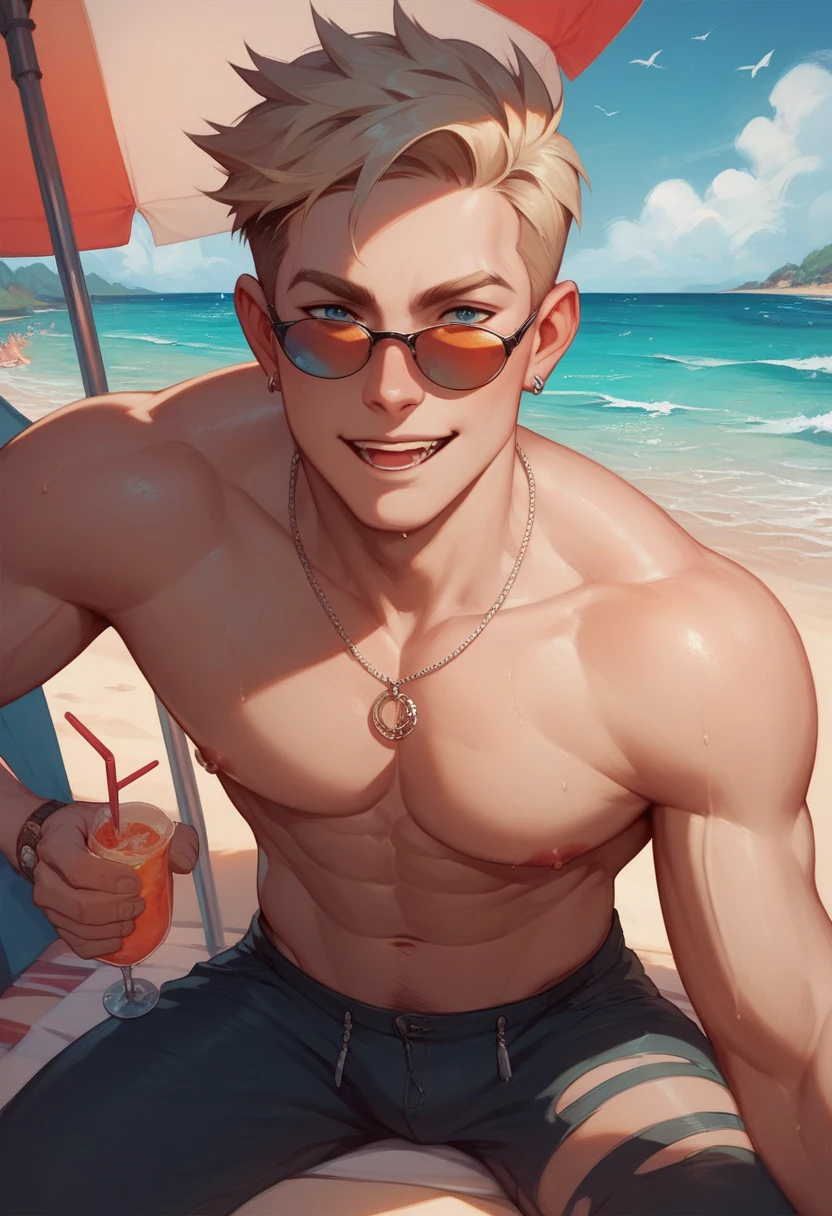 young man, ((Mason Dye)), ((muscular body)), big chest, big nipples, (in thong), with sunglasses, holding a green drink, beautiful, blond crewrcut with shaved sides and back, hairy body, bald nape, running, ((on a beautiful tropical beach)), attractive, masterpiece, 8k, with many details, professional, trending, masterful, realistic, hyperrealistic, sharp beams of light from the sun beyond