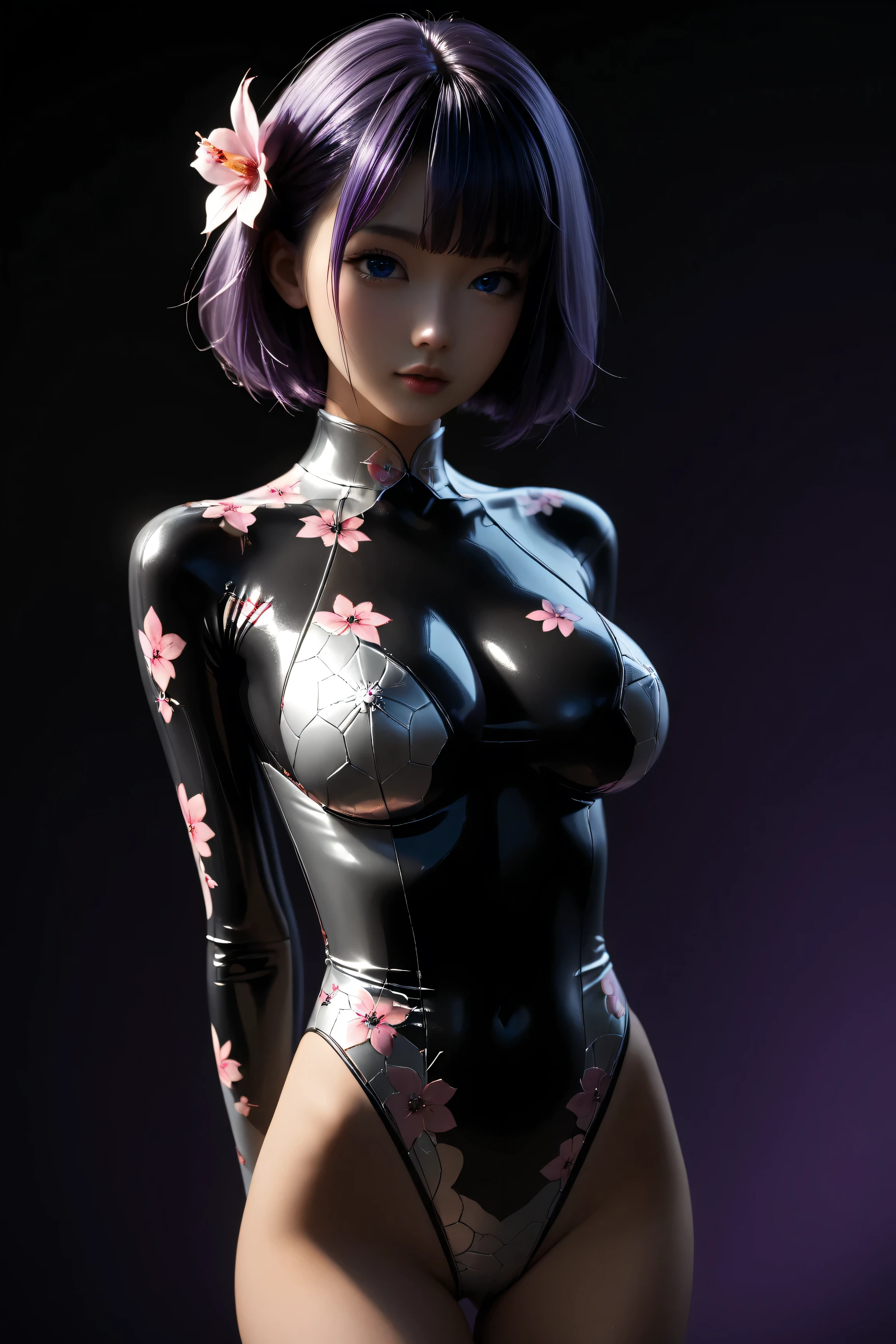 1 girl, slender, beautiful, flower patterned and beautiful shiny metallic long sleeve leotard, very cute face, big breasts, skinny arms, skinny waist, skinny legs, High Quality, Masterpiece, black short hair, purple hair, blue eyes, feminine a little big breast, very cute Asian face, Do not expose her breasts, silver theme, no background, blue background, purple background, arms behind back,