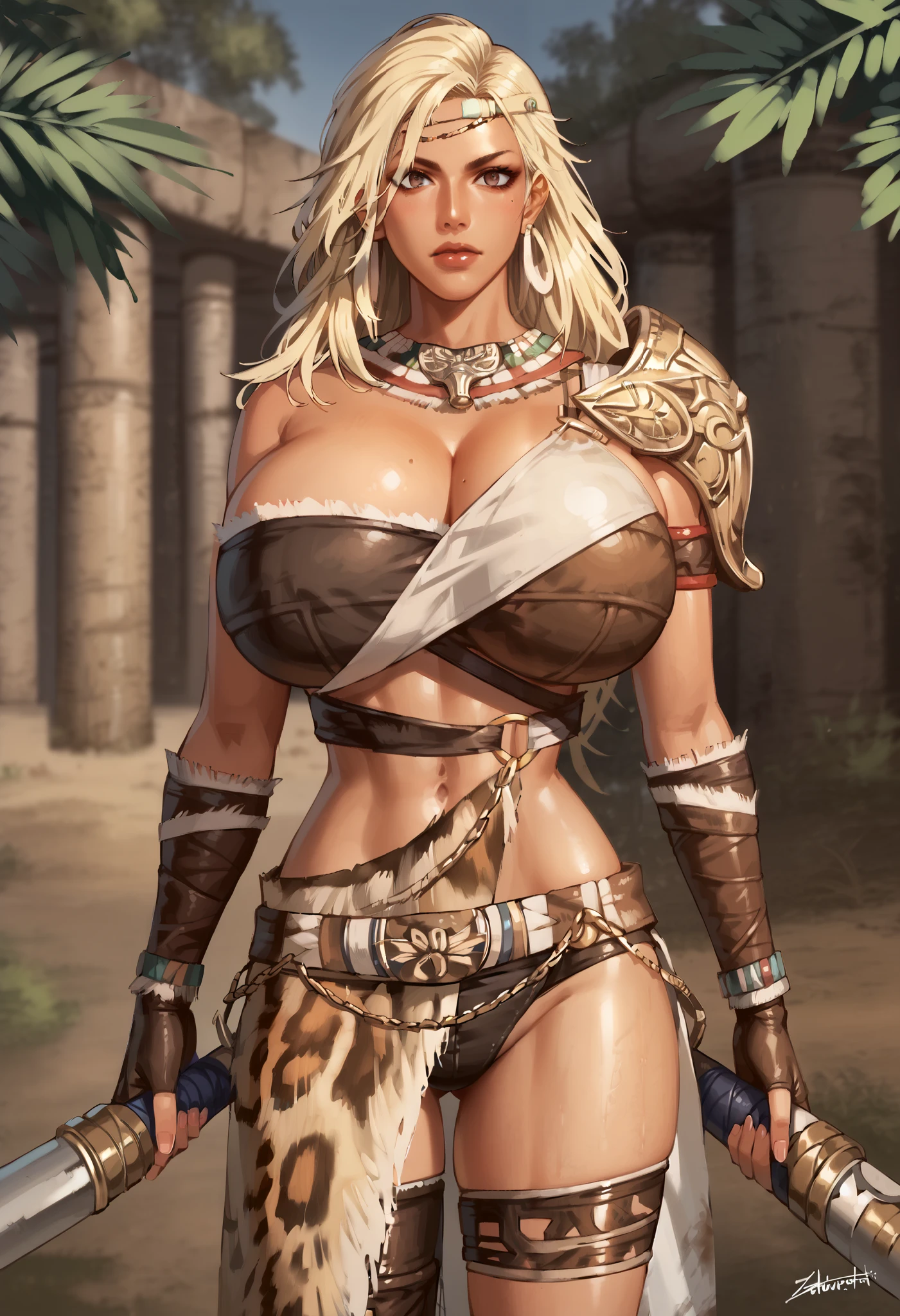 score_9, score_8_up, score_7_up, source anime, 1girl, solo, blonde hair, long hair, ultra huge breasts, ultra huge tits, ultra huge cleavages, ultra huge boobs, dark skin, jewelry, fingerless gloves, shoulder armor, earrings, weapon, outdoors, in jungle, looking at viewer, cowboy shot,