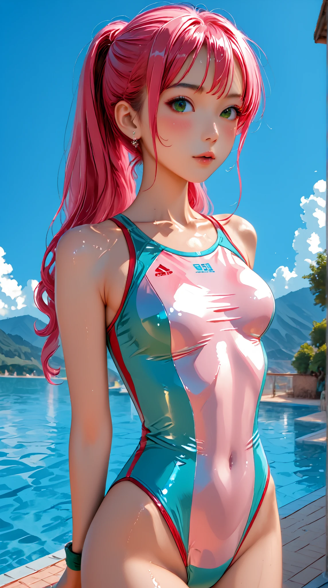 (Masterpiece, Top Quality, Best Quality) (1 Girl Solo), (Resolute Eyes), Earrings, laying on water, 1girl, gaze, gaze style, gaze girl, wear swimsuit, from above, arms up, expose armpits, laying, night, pink neon eyes, blushing, dark