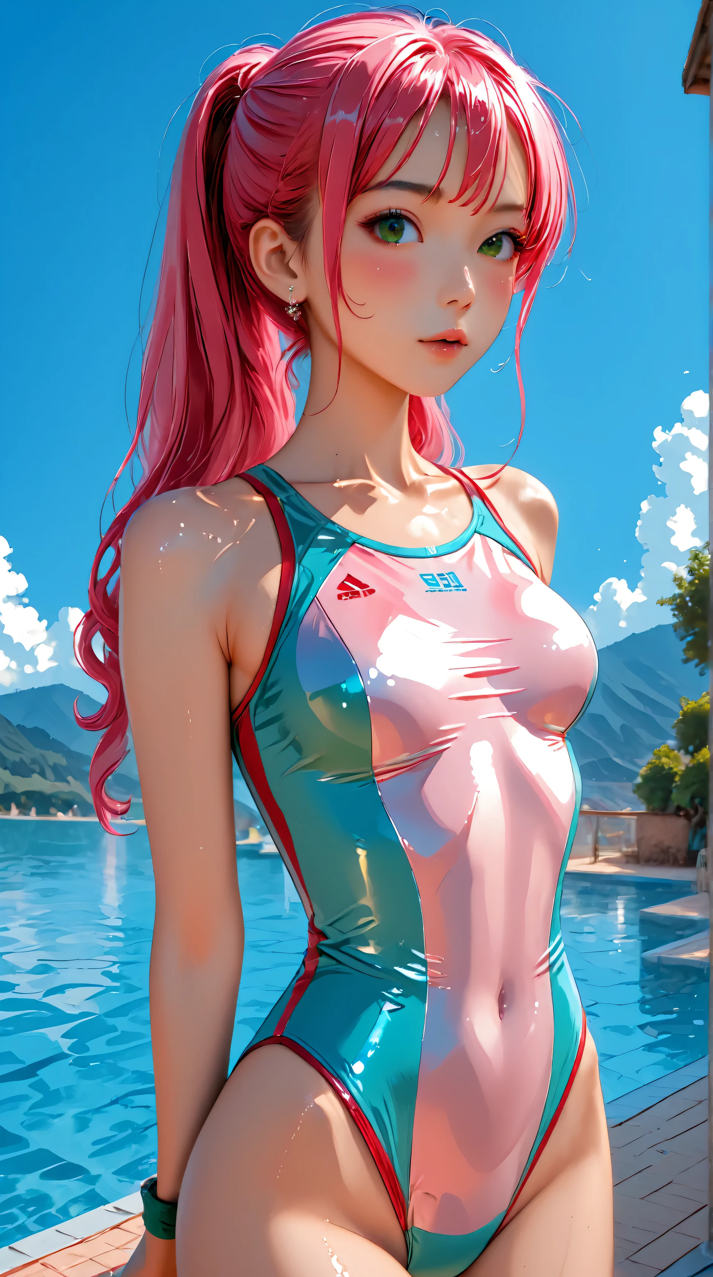 Kizi girl,Highly detailed, Amazing work,Vitreous luster,((clean backdrop)),In pink,(((blue colors))),green color,red colour,Best quality at best,clean backdrop, shiny skin, asian woman, petite, slender, perfect breasts, sexy, heavy blushing, submissive, sporty swimsuit, arms behind back, straight on,