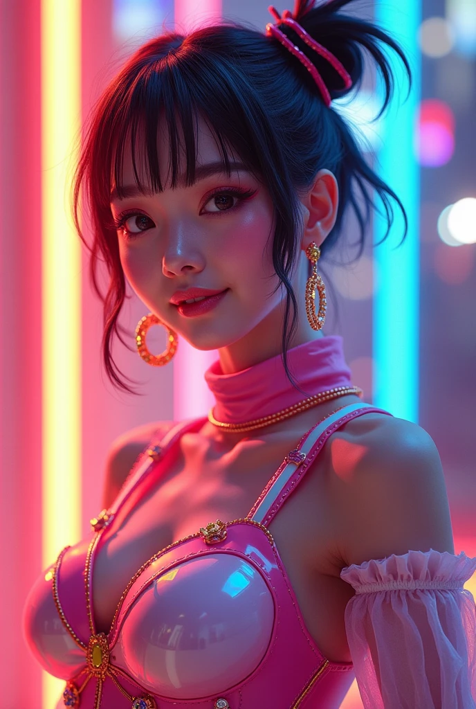 female idol、nude lip gloss、smiling face、defined brows、smoky eyshadow、dramatic lashes、radiant skin、contoured cheekbones、full body Esbian、shiny very large earrings(neon fuchsia)、shiny very large necklace(neon fuchsia)、(shiny glossy latex tight bra(neon fuchsia))、(shiny glossy latex tight hot pant(neon fuchsia))、clutch(neon fuchsia)、((multicolor short hair(neon fuchsia)))、long white fluffy fur coat with white fluffy fur(bright white)、conceptual art, High quality, Realistic, extremely detailed CG unified 8k wallpaper, highly detailed, High-definition raw color photos, professional photography, Realistic portrait, Cinematic Light, Beautiful detailed, Super Detail, high details, (((Bokeh))), depth of fields, illumination, Neon Street, Super stylish lighting
