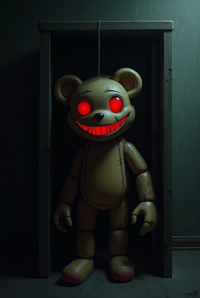 now create an image, of an animatronic in the form of an anthropomorphic dog spying behind the slightly open door. the image must be dark, frightening and causing discomfort. In the image, only the animatronic's eyes can be seen shining in the darkness and his macabre smile.. It must be a cartoon image. This animatronic must have a robotic appearance..