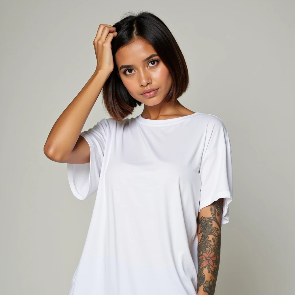 photo, rule of thirds, dramatic lighting, medium hair, detailed face, detailed nose, woman wearing oversized white t-shirts , full body, wearing joggers in legs, freckles, collar or choker, smirk, tattoo, intricate background