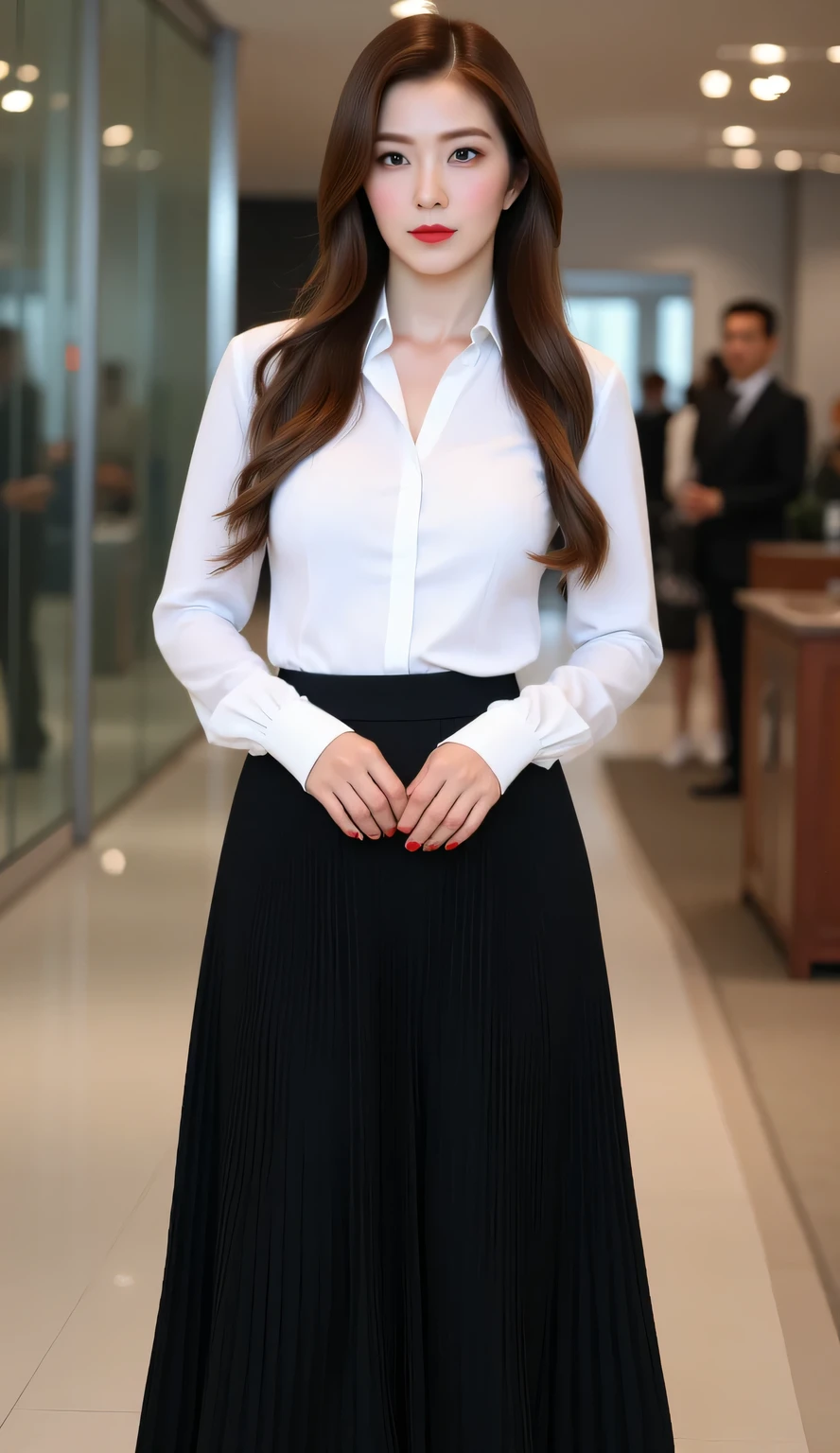 an office lady, standing in office, use a casual shirt covered unsliped model in white, use a long skirt to the toe covered pleated model in black, big breasts,  red lips, long hair