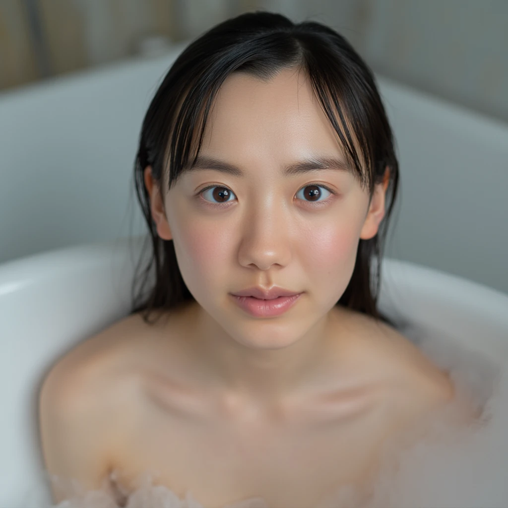 The image is a close-up portrait of a young woman's face. She lifted her head slightly with a peaceful expression on her face, Cleavage, collarbone, snow-white skin. Her eyes opened slightly and she looked at the camera. Her hair is wet and wet, and she appears to be in a bathtub or shower. The woman's lips are slightly parted, as if she is taking a moment to relax and enjoy the moment. The background is a bathroom filled with steam. The overall mood of the image is calm and serene.