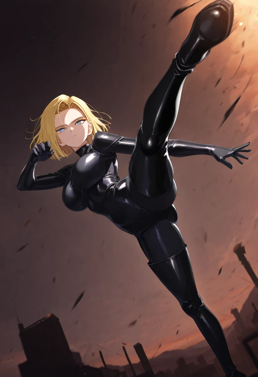 one girl , Alone, Android 18, black latex bodysuit , black boots, blck thigh boots、 black tights、evil,  floating, in the sky, general , Masterpiece, top quality, So Aesthetic , anime screen capture , Big Breasts, general , Masterpiece, top quality, So Aesthetic ,kicking, kicking at viewer, dutch angle