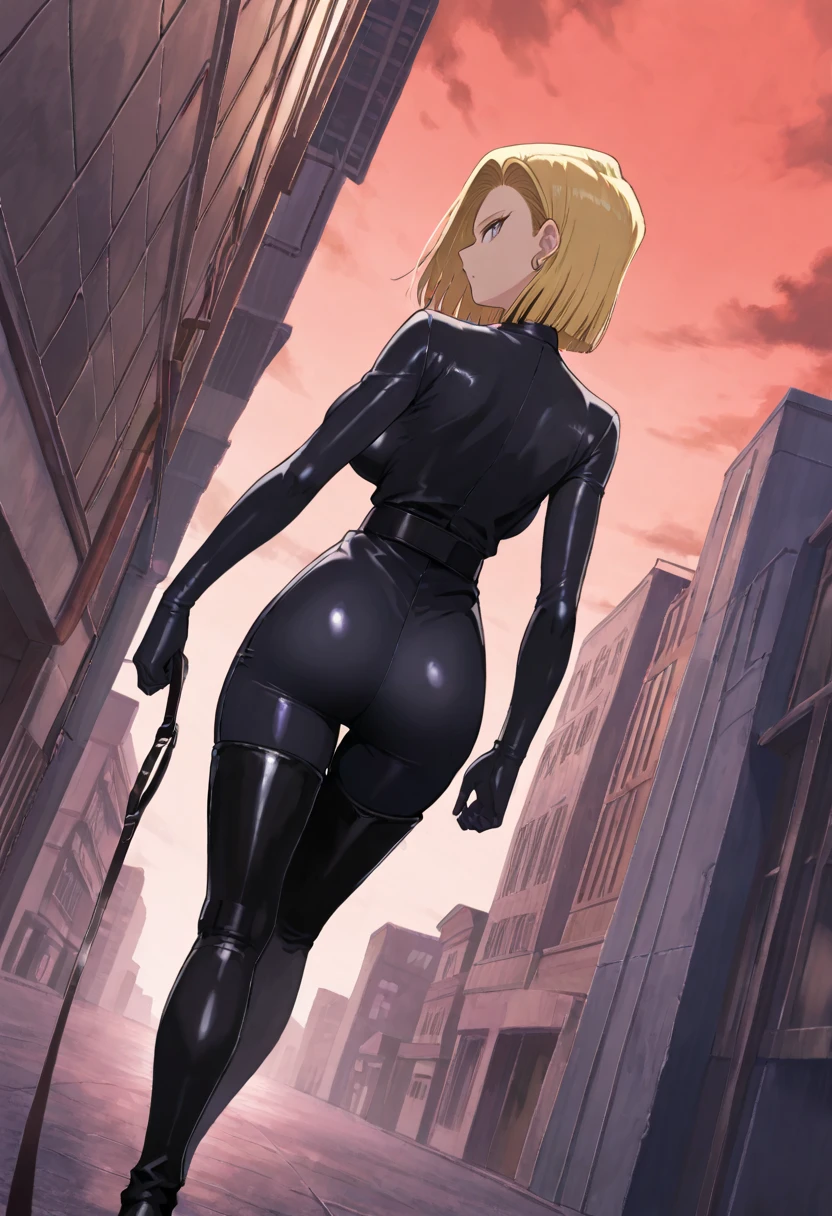 one girl , Alone, Android 18, black latex bodysuit , black boots, blck thigh boots、 black tights、evil, look behind, from behind、 general , Masterpiece, top quality, So Aesthetic , anime screen capture , Big Breasts、 dutch angle, general , Masterpiece, top quality, So Aesthetic ,viewer_on_leash, viewer on leash, POV at boots, walking, arms along the body