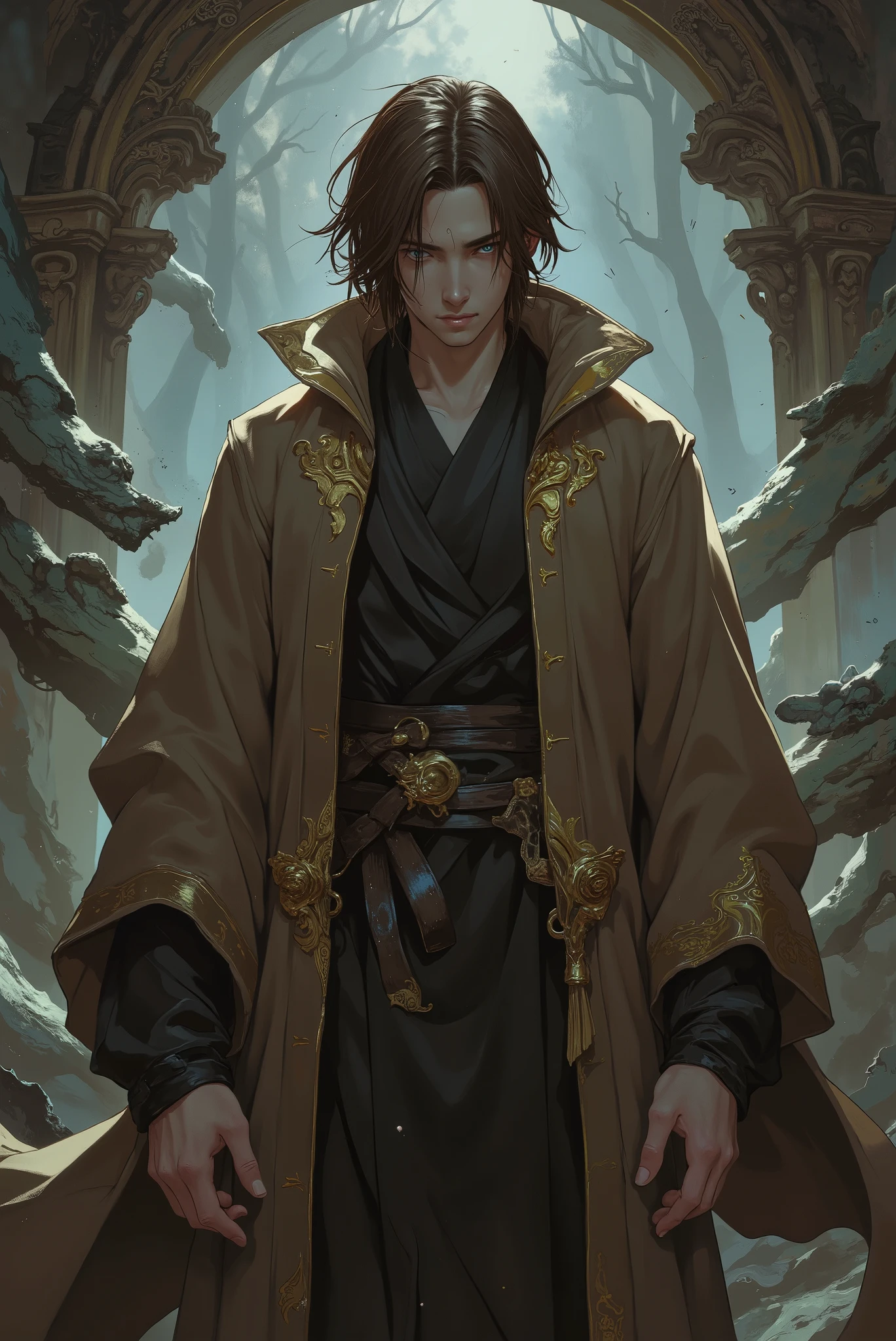 adult man. brown hair. Cold and lifeless faces. anime. Basic brown robe with gold details. Fantasy