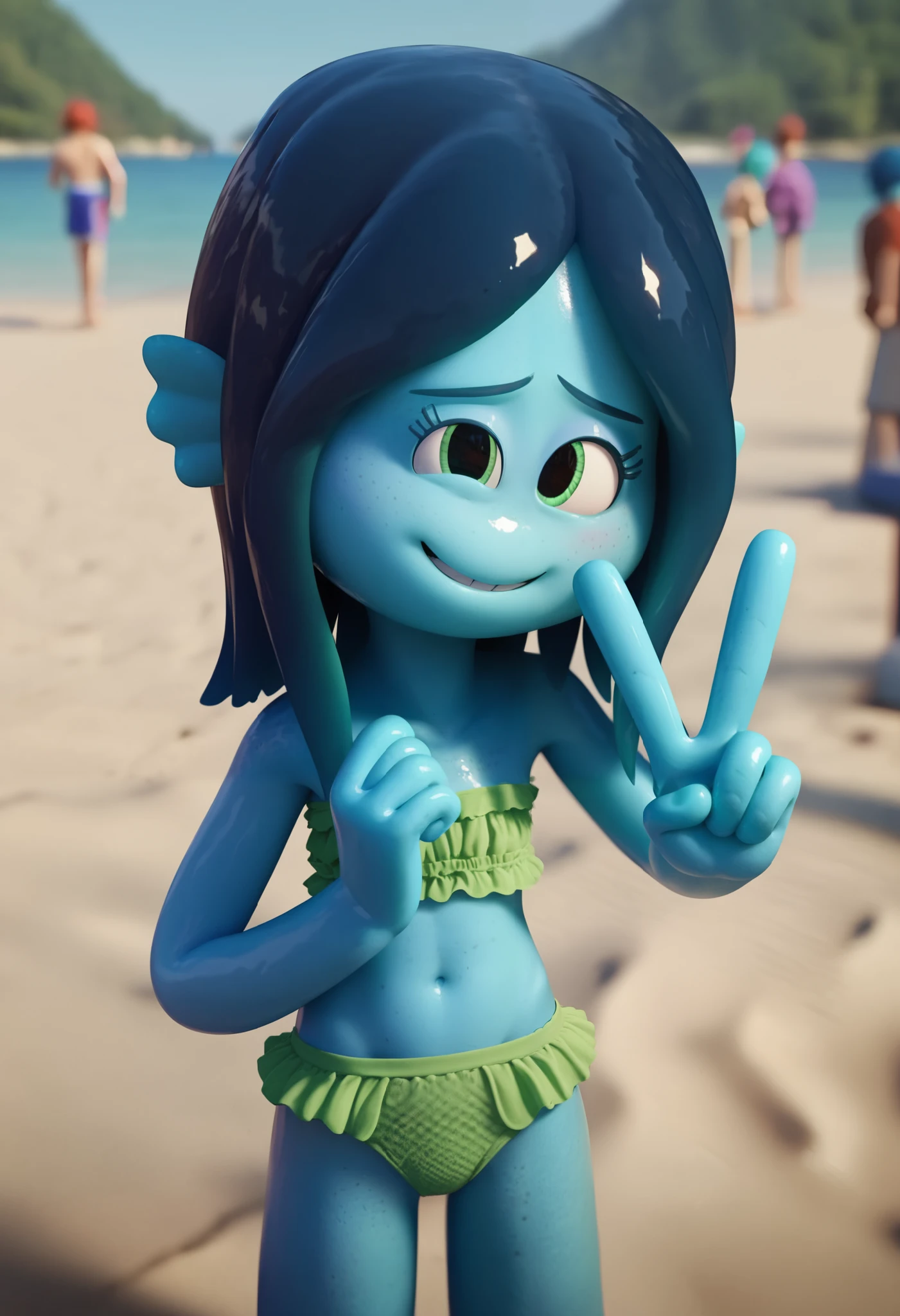 score_9, score_8_up, score_7_up, 1girl, solo, Ruby Gillman, monster girl, deep blue hair, green eyes, half close eyes, blue skin, four fingers, ((green bundeau strapless frilly bikini)), naughty expression, shiny skin, outdoors, uperbody, cute, oily skin, smile, shy, beach on background, standing, cute pose, sexy, anime style, peace sign with one hand, thick outline, countershading, slender body, short body,