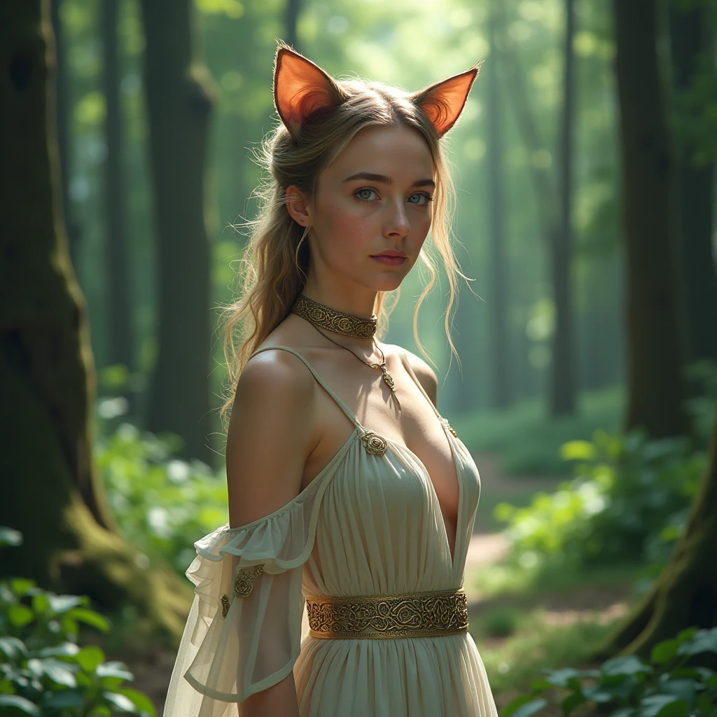 (best quality,4k,8k,highres,masterpiece:1.2),ultra-detailed, 1woman, Celtic goddess Epona, Chestnut brown hair, hazel eyes, druid gown, standing in a barnyard, motherly, posed gently, looking at viewer, seductive eyes, drawn in the style of Yoshitaka Amano, HDR, 8k, absurdres, cinestill 800, sharp focus